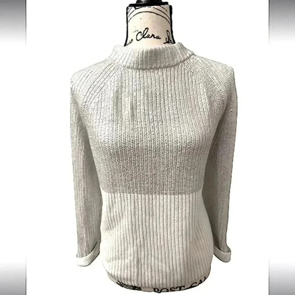 -Chico’s Sweater Metallic Silver and Cream Mock Zipper Neck Sweater Size Medium - Picture 1 of 13